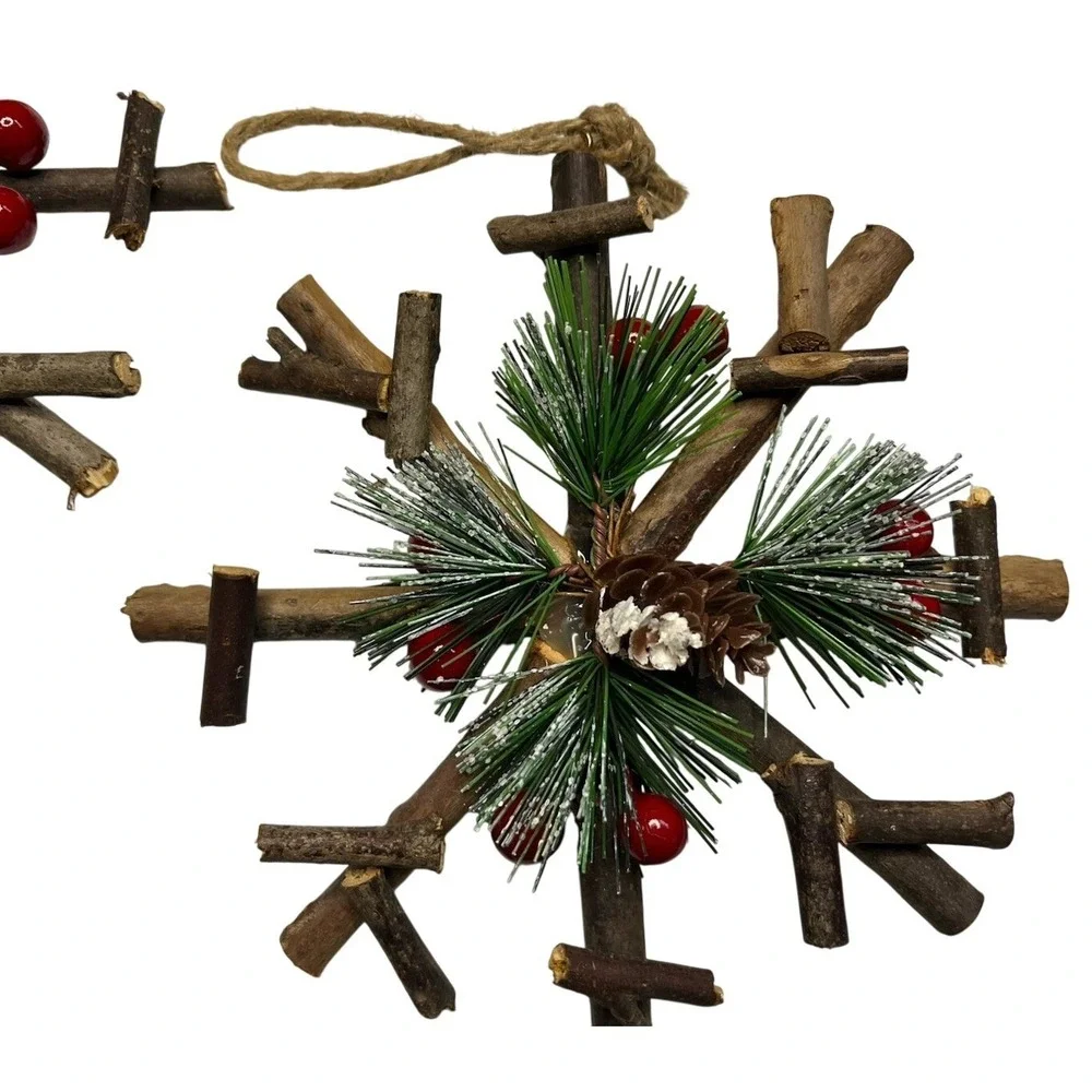 Set of 2 Rustic Twig Snowflake Ornaments Pinecone Berry Christmas Decor 6.5